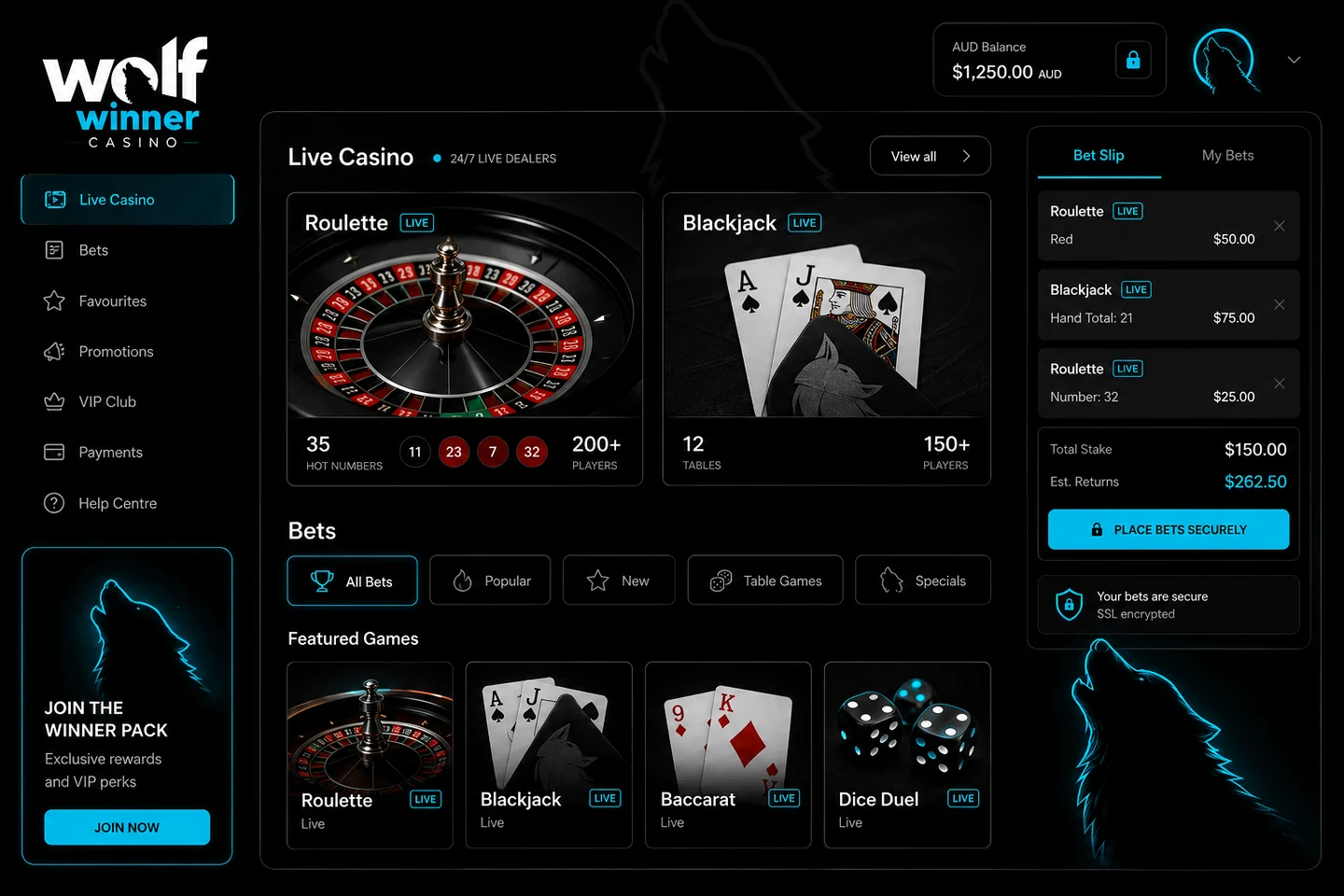 Wolf Winner live dealer roulette and blackjack VIP tables