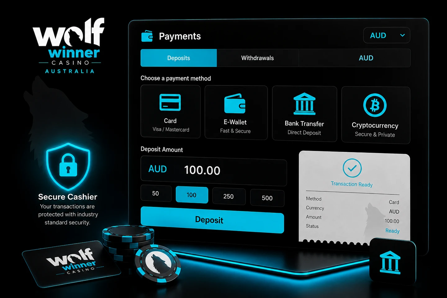 Wolf Winner crypto cashier — BTC and USDT-TRC20 deposits